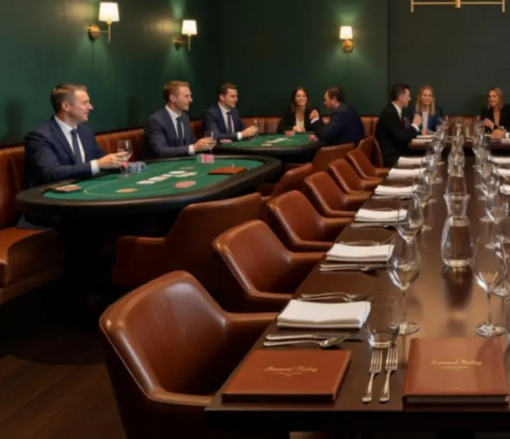 Corporate guests seated in a refined dining room with architectural lighting and poker tables in the background.