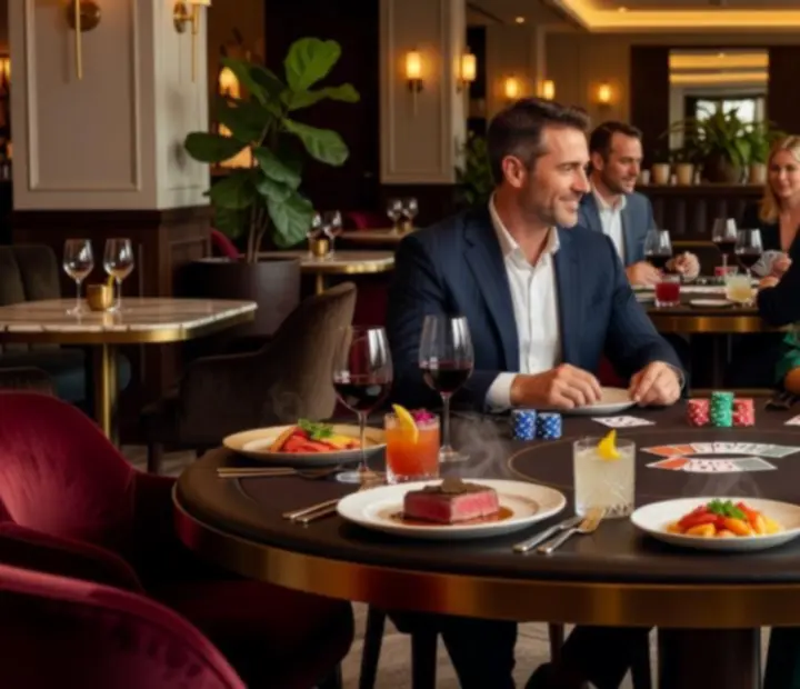 An elegant Australian restaurant evening with guests dining beside a professional poker table.