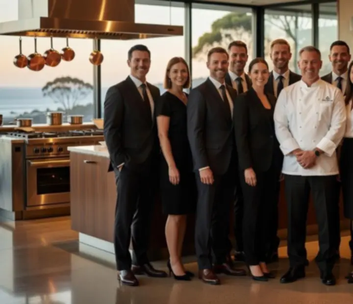 Executive chef and hospitality team collaborating in a premium Australian restaurant