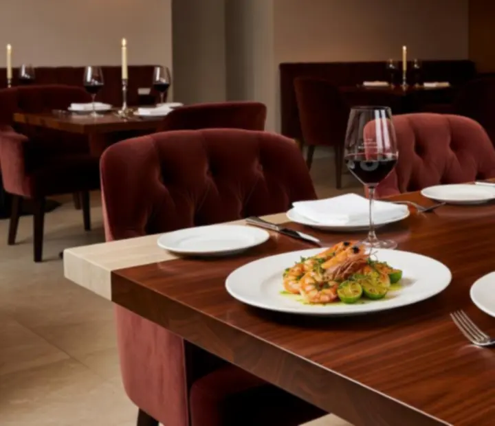 Plates of refined Australian cuisine styled on a travertine table with wine glasses.