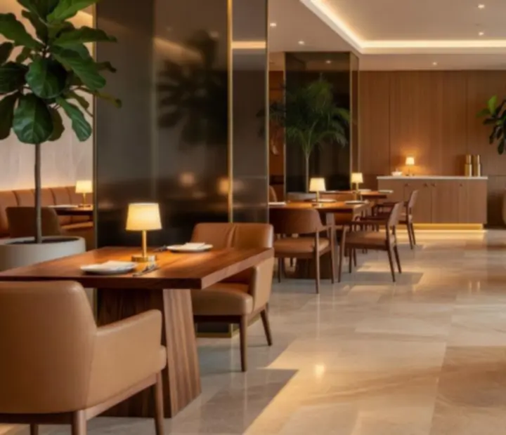 Luxury dining lounge interior at LatePlaySupper with architectural lighting and designer furniture