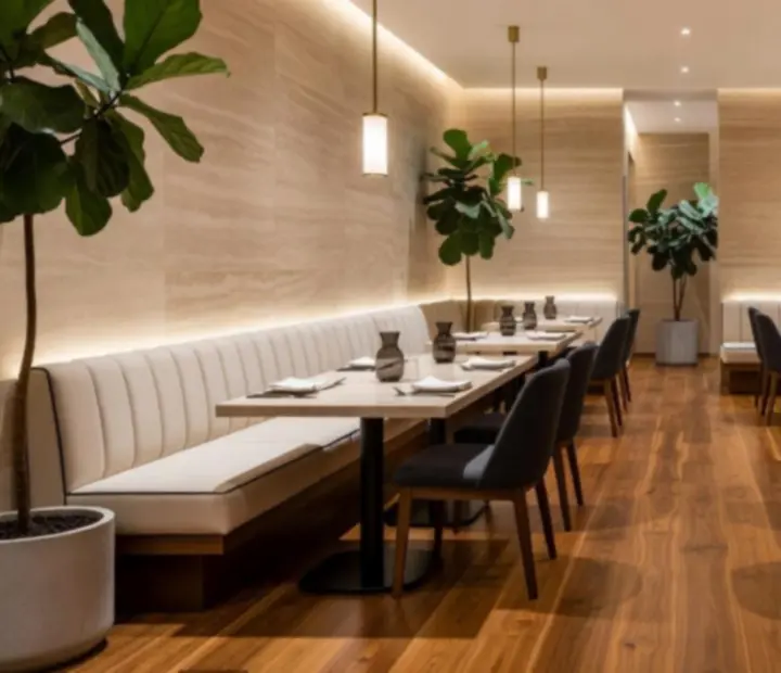 Luxurious interior of LatePlaySupper with warm lighting, elegant furniture and poker lounge details