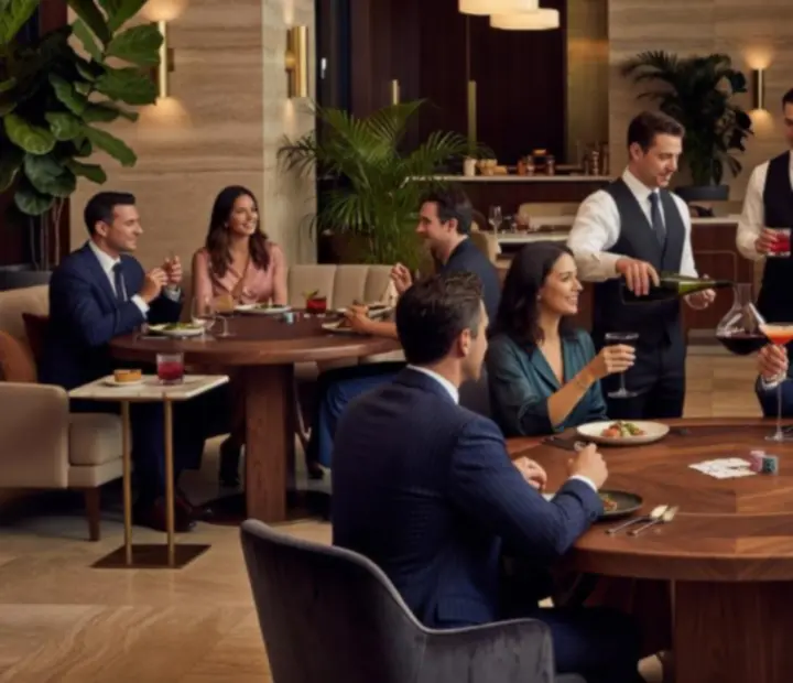 Luxurious Australian restaurant interior with poker tables, gourmet dishes and cocktails during an evening poker event