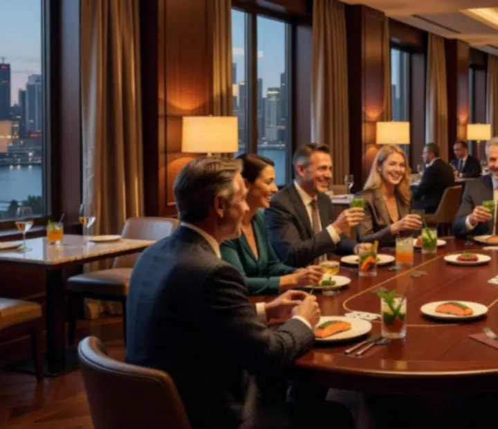 Guests enjoying gourmet food and drinks around a poker table in a luxurious restaurant setting