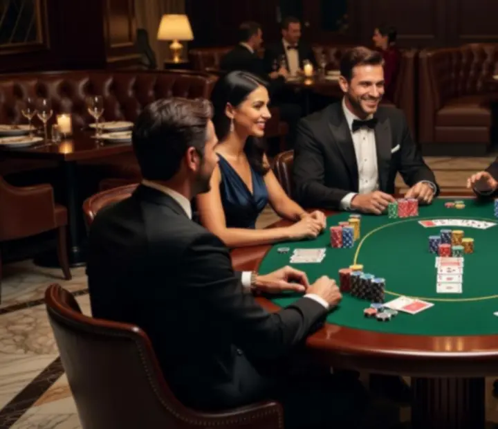 Stylish guests gathered around a professional poker table enjoying an entertainment-only poker night