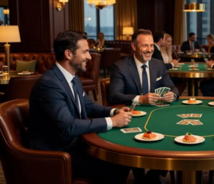 Stylish guests enjoying offline poker at LatePlaySupper