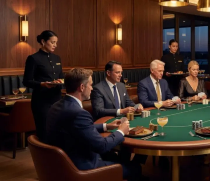 Cinematic evening at LatePlaySupper with guests dining beside premium poker tables