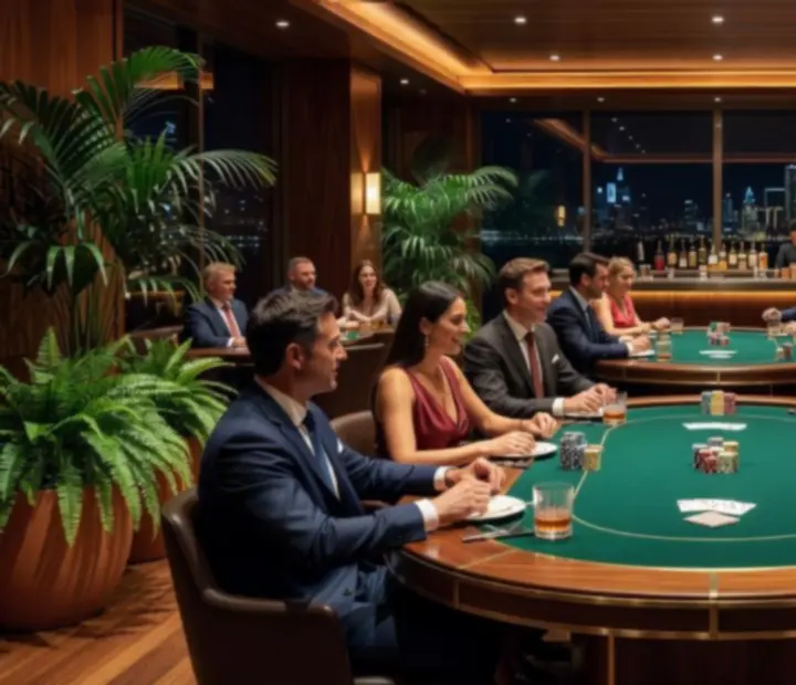Guests enjoying an elegant evening at LatePlaySupper with fine dining and friendly poker tables