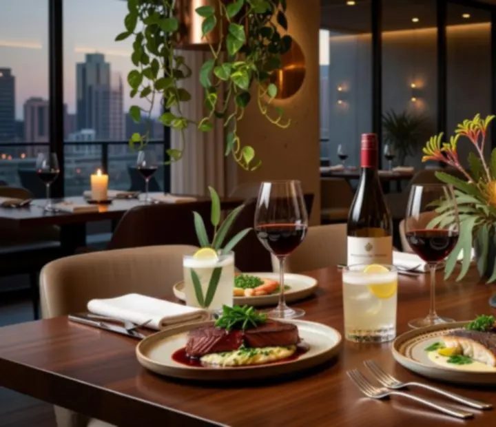 An elegant table at LatePlaySupper showcasing signature Australian dishes, wine, and refined poker-night ambience