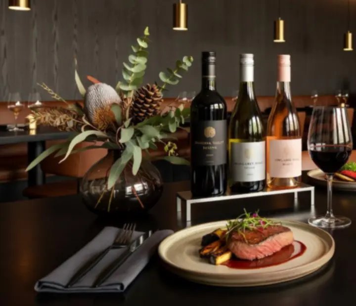 Glasses of wine and a bottle on a refined restaurant table, styled for luxury Australian dining